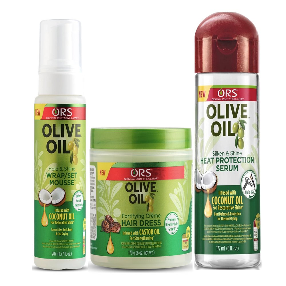 ORS Olive Oil Hold & Shine Wrap Set Mousse Infused with Coconut Oil - Fortifying Creme Hairdress infused with Castor Oil - Heat Protection Hair Serum infused with Coconut Oil- Bundle