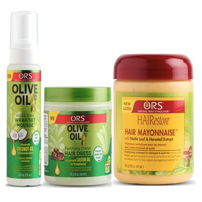 ORS Olive Oil Hold & Shine Wrap Set Mousse Infused with Coconut Oil - Fortifying Creme Hairdress infused with Castor Oil - HAIRestore Hair Mayonnaise with Nettle Leaf and Horsetail Extract - Bundle