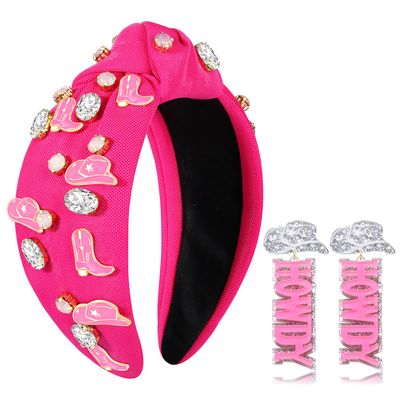 NVENF Knotted Headbands for Women, Western Cowgirl Headbands Rhinestone Crystal Knotted Headband Cowboy Boot YEEHAW Beads Embellished Hairbands Western Accessories(Hot Pink)