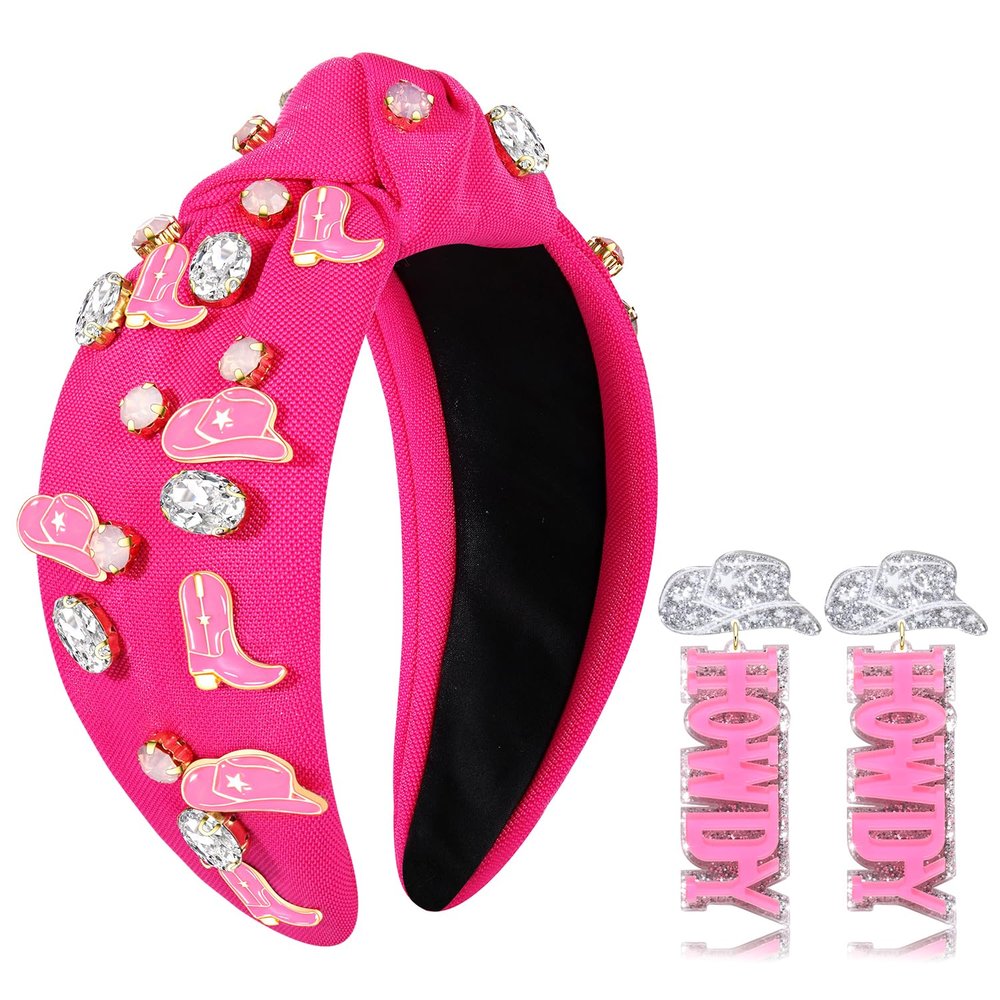 NVENF Knotted Headbands for Women, Western Cowgirl Headbands Rhinestone Crystal Knotted Headband Cowboy Boot YEEHAW Beads Embellished Hairbands Western Accessories(Hot Pink)
