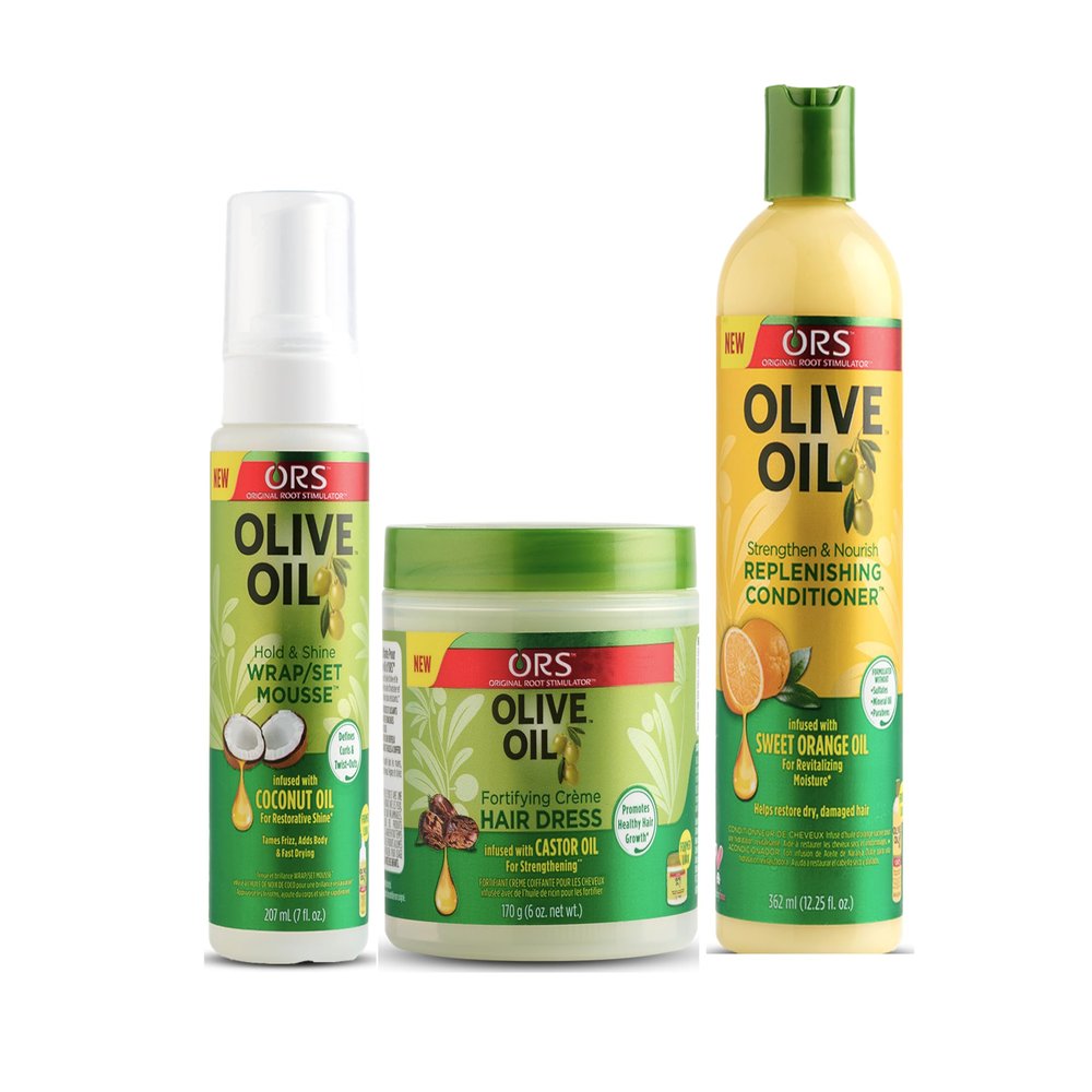 ORS Olive Oil Hold & Shine Wrap Set Mousse Infused with Coconut Oil - Fortifying Creme Hairdress infused with Castor Oil - Strengthen & Nourish Replenishing Conditioner - Bundle
