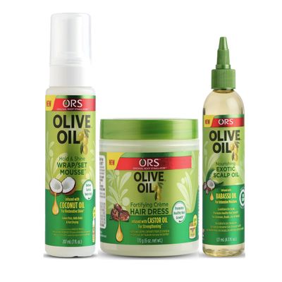 ORS Olive Oil Hold & Shine Wrap Set Mousse Infused with Coconut Oil - Fortifying Creme Hairdress infused with Castor Oil - Nourishing Exotic Scalp Oil with Babassu Oil - Bundle