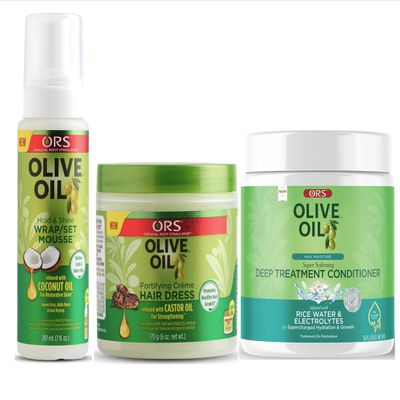 ORS Olive Oil Hold & Shine Wrap Set Mousse Infused with Coconut Oil - Fortifying Creme Hairdress infused with Castor Oil - Max Moisture Super Softening Deep Treatment Conditioner - Bundle
