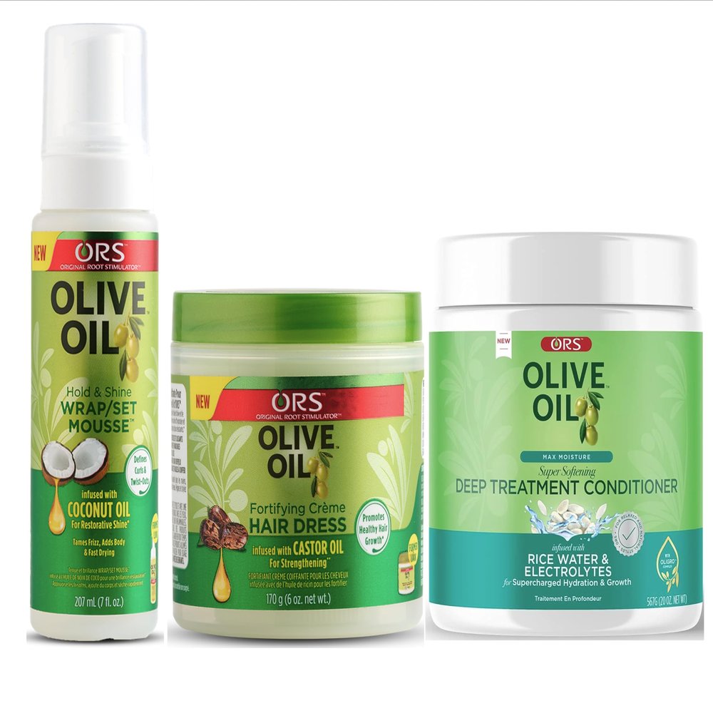 ORS Olive Oil Hold & Shine Wrap Set Mousse Infused with Coconut Oil - Fortifying Creme Hairdress infused with Castor Oil - Max Moisture Super Softening Deep Treatment Conditioner - Bundle