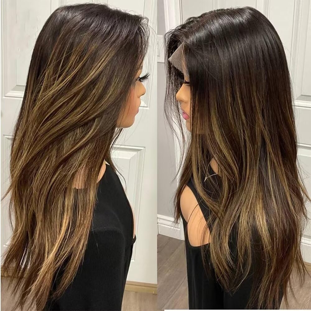 Ombre Caramel Brown Highlights Sliky Straight 13x4 HD Transparent Lace Front Human Hair Wigs With Bleached Knots Brazilian Remy Hair Balayage Colored for Women Highlight Straight Glueless Wigs 14"