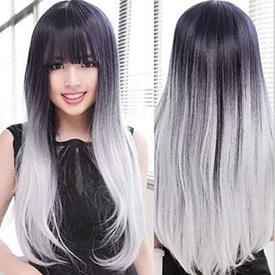 Remanbo Machine Made for Woman Natural for Hair Loss 26inch Long Straight with Thin Hair Synthetic with Straght Bangs (Gray)