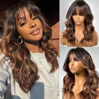 Ombre Chestnut Brown Highlights Curtain Bangs with Layered Cut Wavy 13x4 HD Invisible Lace Front Human Hair Wigs Bleached Knots For Women 150 Density Highlight Brown Loose Wave Glueless Wig 14"