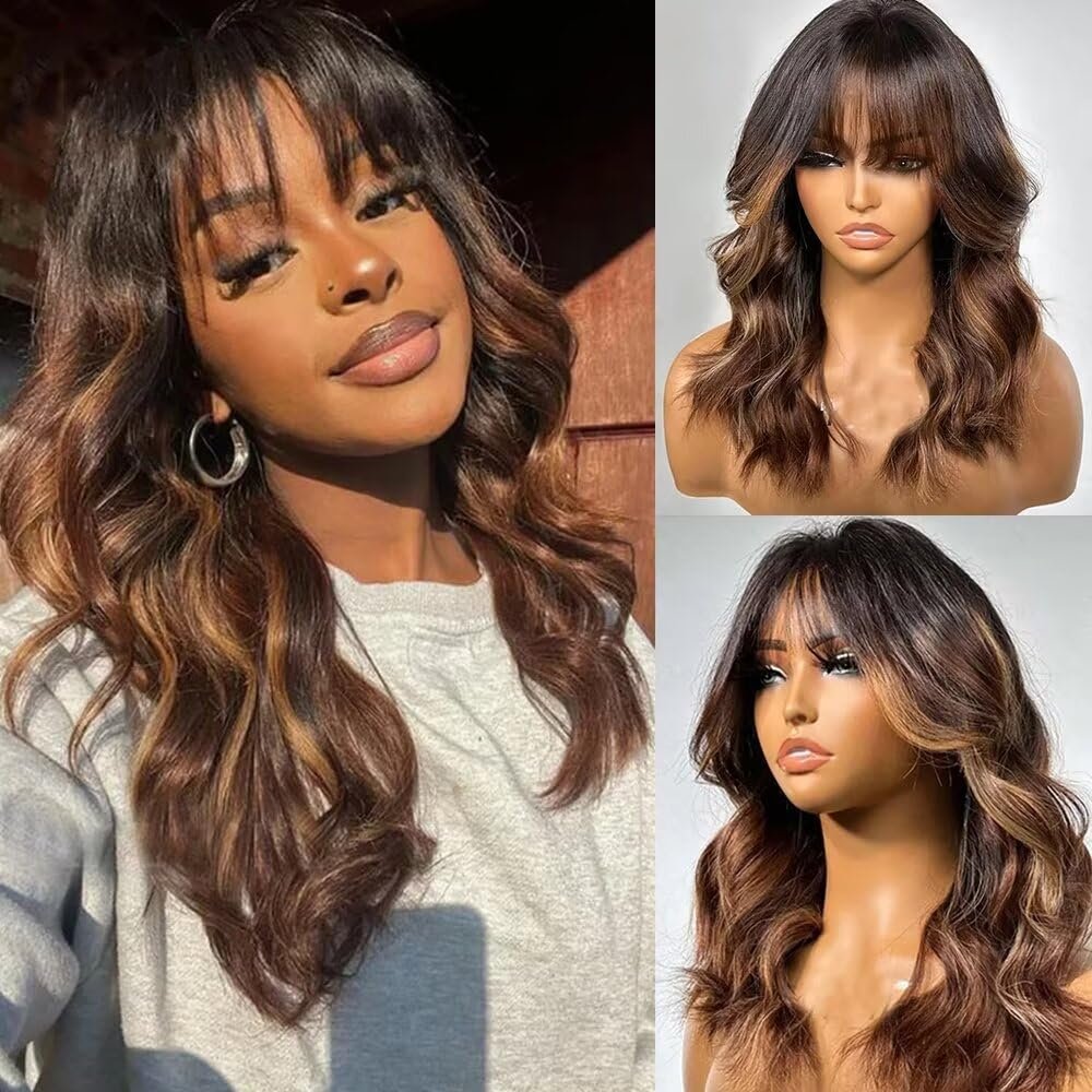 Ombre Chestnut Brown Highlights Curtain Bangs with Layered Cut Wavy 13x4 HD Invisible Lace Front Human Hair Wigs Bleached Knots For Women 150 Density Highlight Brown Loose Wave Glueless Wig 14"