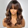 Ombre Chestnut Brown Highlights Curtain Bangs with Layered Cut Wavy 13x4 HD Invisible Lace Front Human Hair Wigs Bleached Knots For Women 150 Density Highlight Brown Loose Wave Glueless Wig 14" view 2