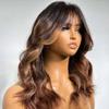 Ombre Chestnut Brown Highlights Curtain Bangs with Layered Cut Wavy 13x4 HD Invisible Lace Front Human Hair Wigs Bleached Knots For Women 150 Density Highlight Brown Loose Wave Glueless Wig 14" view 3