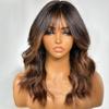 Ombre Chestnut Brown Highlights Curtain Bangs with Layered Cut Wavy 13x4 HD Invisible Lace Front Human Hair Wigs Bleached Knots For Women 150 Density Highlight Brown Loose Wave Glueless Wig 14" view 4