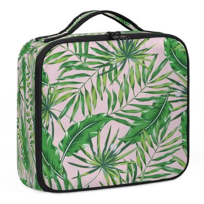 XMNYGJ Beautiful Palm Leaf Makeup Train Case Travel Makeup Bag Professional Cosmetic Organizer Portable Storage Box with Adjustable Dividers for Cosmetics Makeup Brushes Toiletry