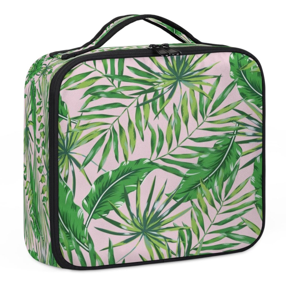 XMNYGJ Beautiful Palm Leaf Makeup Train Case Travel Makeup Bag Professional Cosmetic Organizer Portable Storage Box with Adjustable Dividers for Cosmetics Makeup Brushes Toiletry