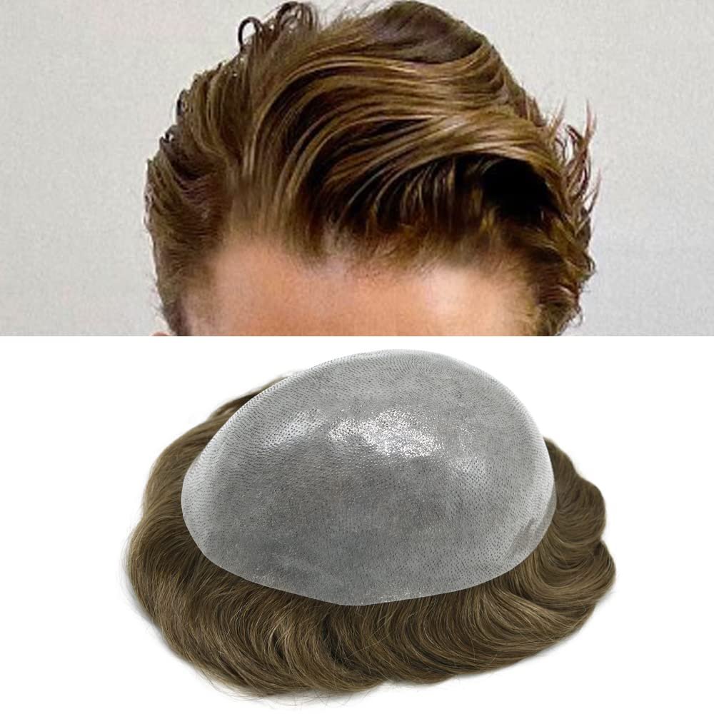 Hair Wonders Toupee For Men Hair Piece Poly Skin Mens Toupee Human Hair Replacement Men Hair System PU Hair Piece Male Capillary Prosthesis 8x10 Medium light density6R#