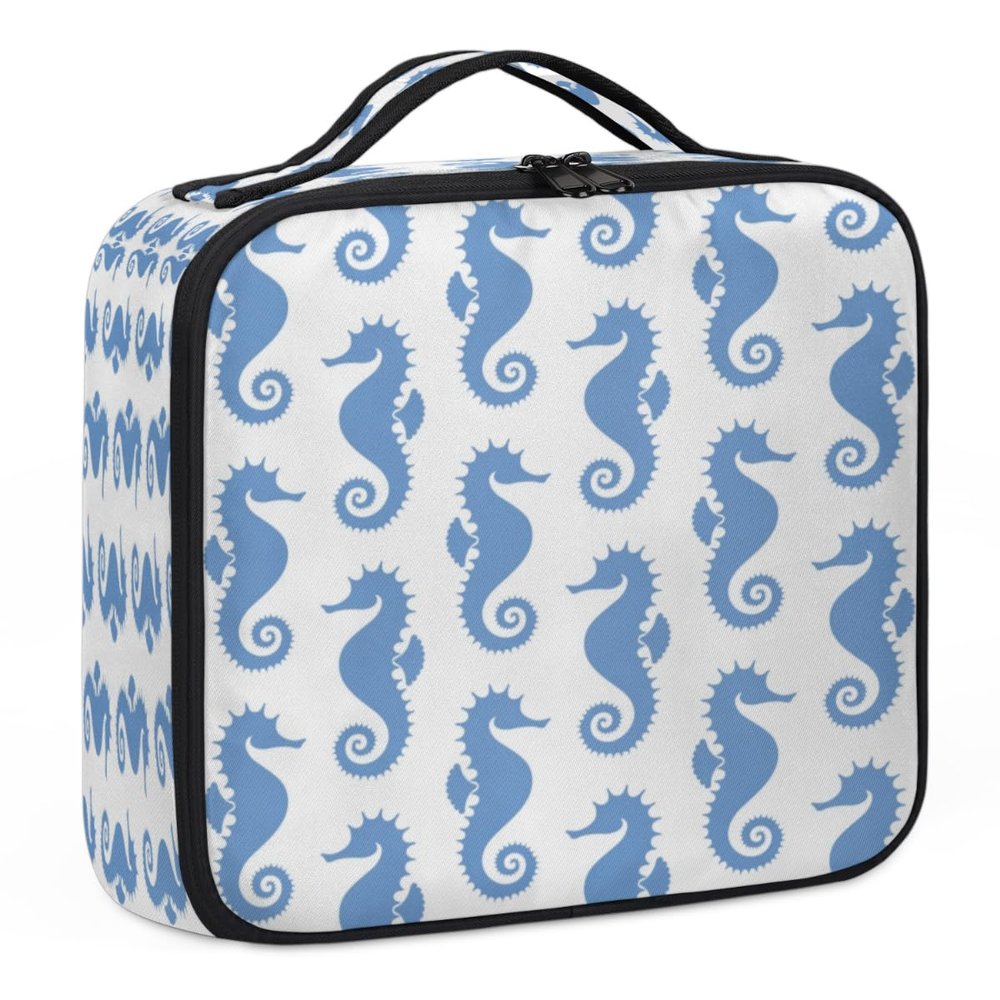 XMNYGJ Cartoon Seahorse Pattern Makeup Train Case Travel Makeup Bag Professional Cosmetic Organizer Portable Storage Box with Adjustable Dividers for Cosmetics Makeup Brushes Toiletry