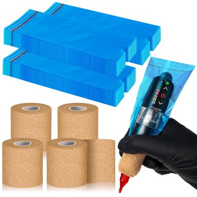 300Pcs Tattoo Machine bags, Tattoo Ppen Covers with 4 Pcs Bandage, 7.4 X 2.5inch, Halloween Disposable Cover Tattoo Machine Gun Bags Plastic Sleeve, Blue