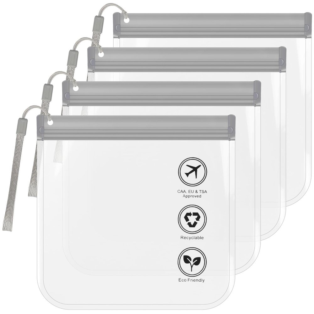 RONRONS 4PCS TSA Approved Toiletry Bags- 3-1-1 Compliant Quart Size Zipper Bags- Triple-sealed Seam Leak-proof Clear Cosmetic Bag for Liquids & Makeup- Portable Travel Size Toiletries Bags(Gray)
