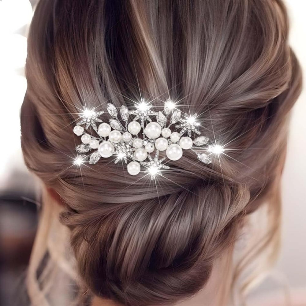 Asooll Pearl Bridal Hair Comb Silver rhinestone Hair Pieces Sparkle Wedding Hair Accessories for Women