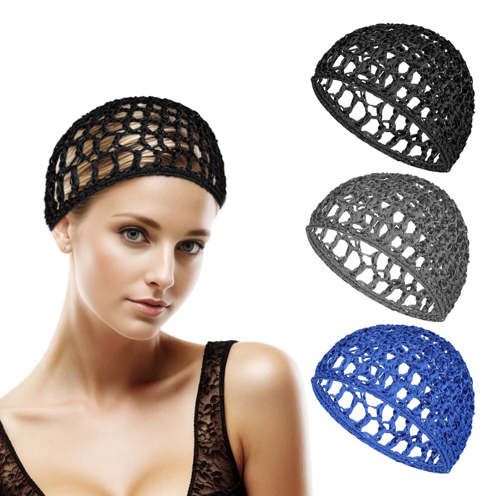 3Pcs Soft Rayon Crocheted Sleep Caps - Elastic Mesh Hair Snoods for Women & Men's Hair, Including Thick, Long, Short or Curly