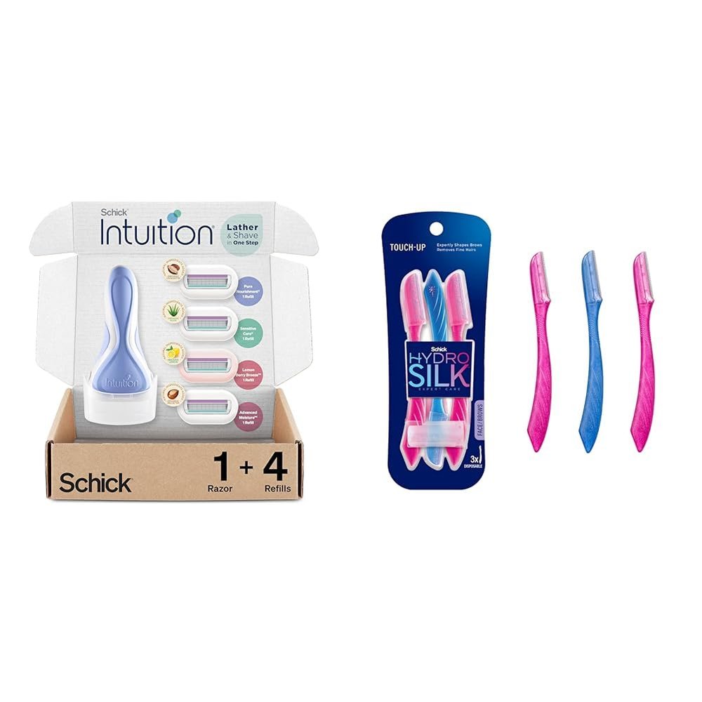 INTUITION Schick Women's Razor Variety Pack with 1 Handle & 4 Refills & Schick Hydro Silk Touch-Up Dermaplaning Tool, 3ct