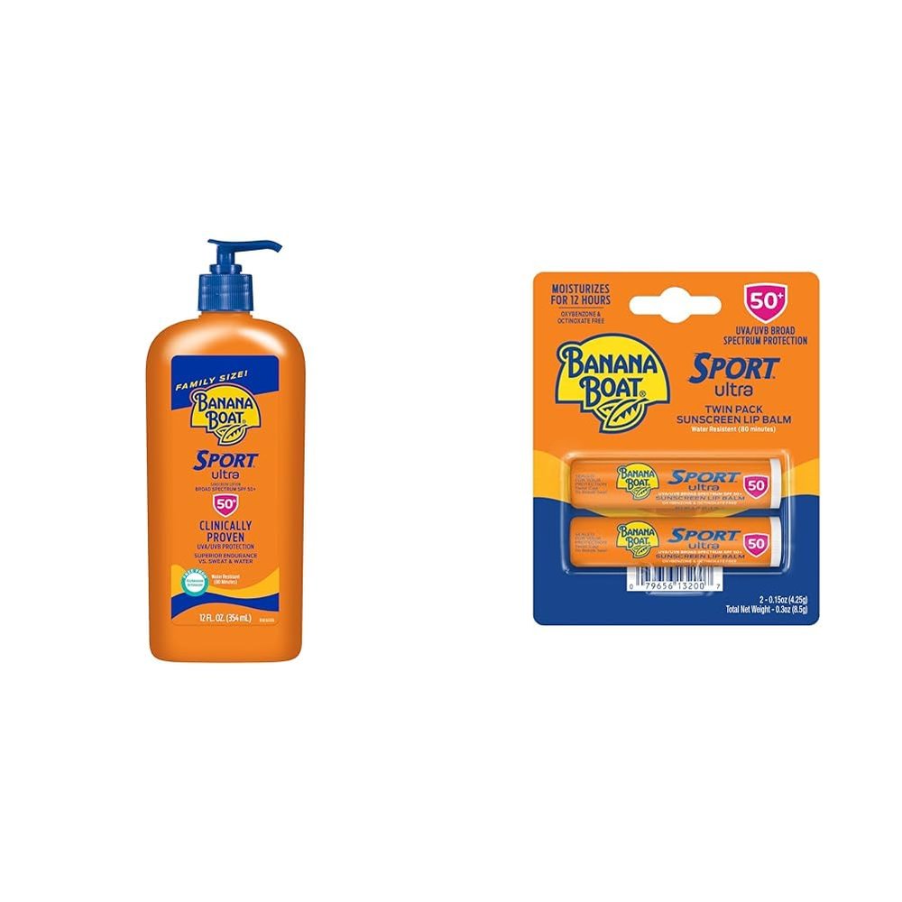 Banana Boat Sport Ultra SPF 50 Sunscreen Lotion, 12oz | Oxybenzone Free Sunscreen & Sport Ultra SPF 50 Lip Sunscreen 2 Pack | SPF Lip Balm Pack, SPF 50