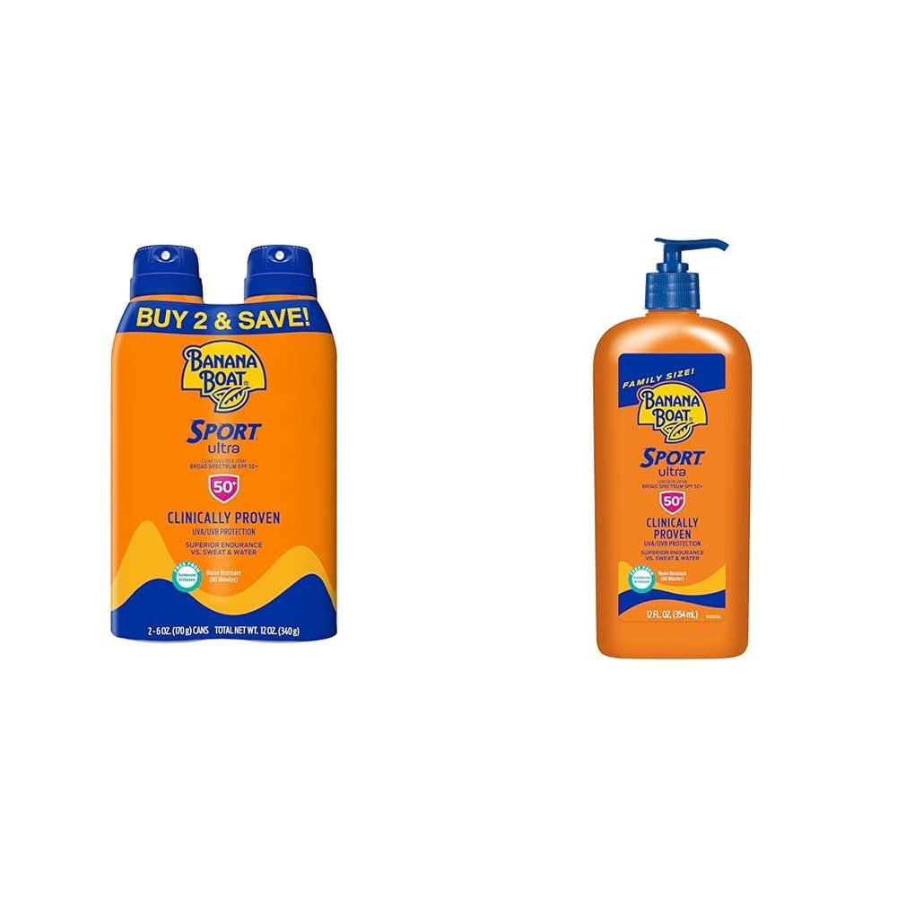 Banana Boat Ultra Sport Reef Friendly Sunscreen Spray & Sport Ultra SPF 50 Sunscreen Lotion, 6 Oz (Pack of 2) & 12oz | Oxybenzone Free, Broad Spectrum SPF 50, Water & Sweat Resistant Up to 80 Minutes