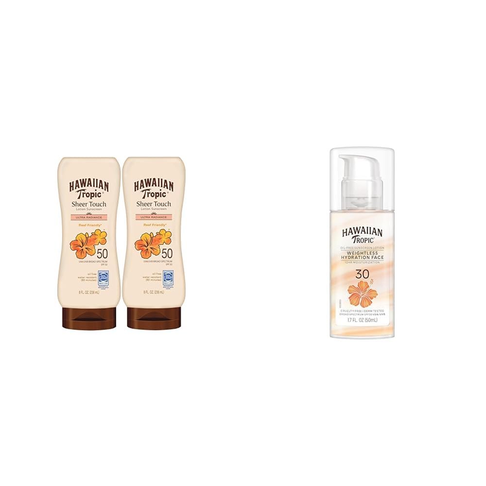 Hawaiian Tropic Sheer Touch Lotion Sunscreen SPF 50, 8oz | Hawaiian Tropic Sunscreen SPF 50 & Weightless Hydration Lotion Sunscreen for Face SPF 30, 1.7oz