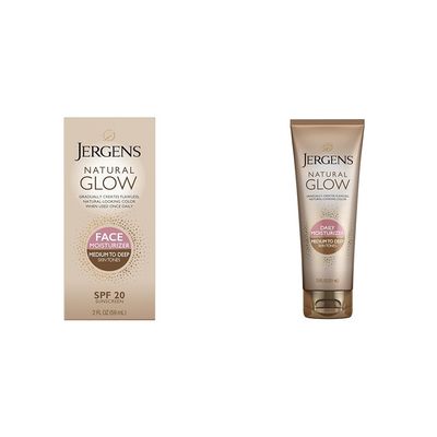Jergens Natural Glow Self Tanner Face Moisturizer, SPF 20 Facial Sunscreen & Natural Glow Self Tanner Lotion, Daily Sunless Fake Tanning, Medium to Deep Skin Tone