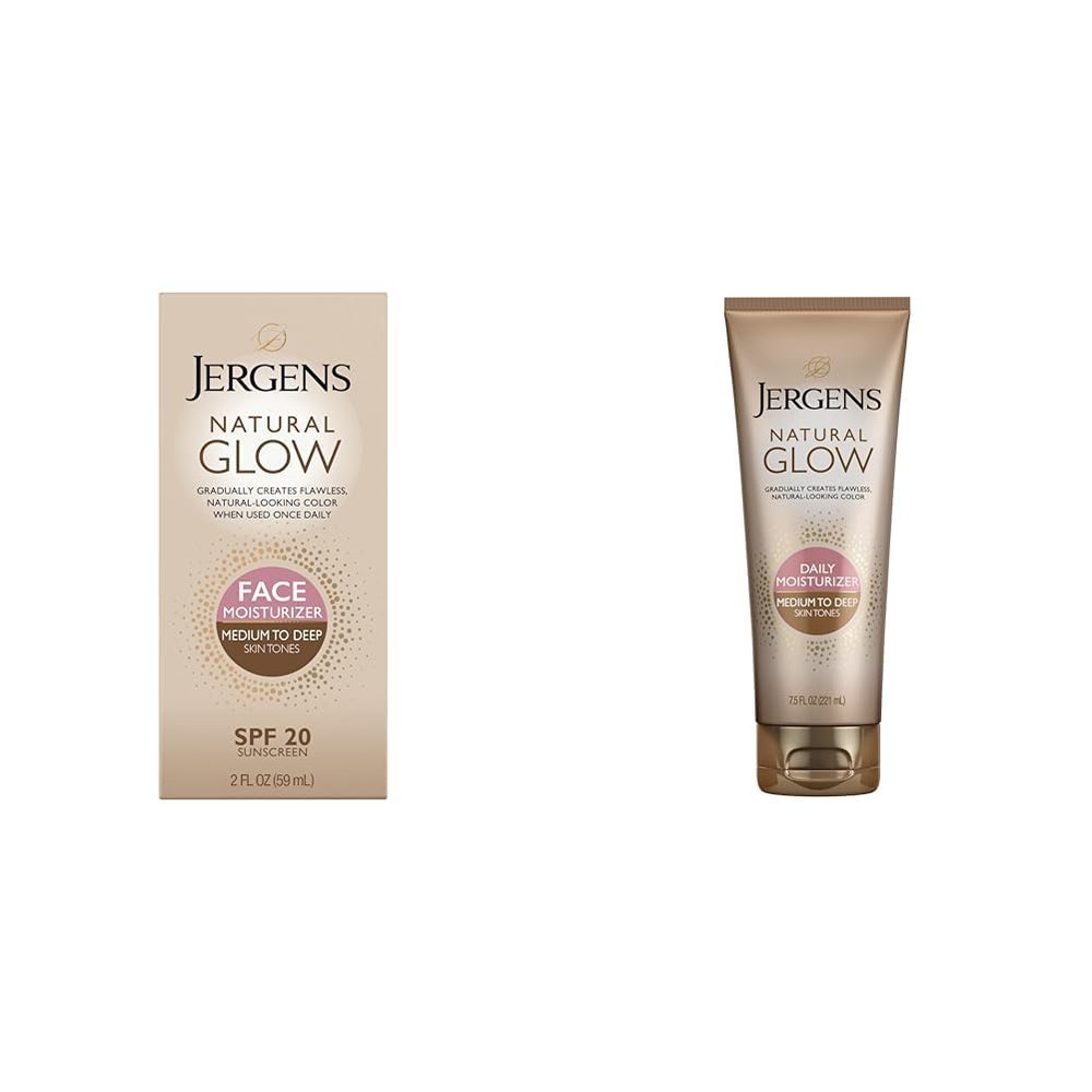Jergens Natural Glow Self Tanner Face Moisturizer, SPF 20 Facial Sunscreen & Natural Glow Self Tanner Lotion, Daily Sunless Fake Tanning, Medium to Deep Skin Tone