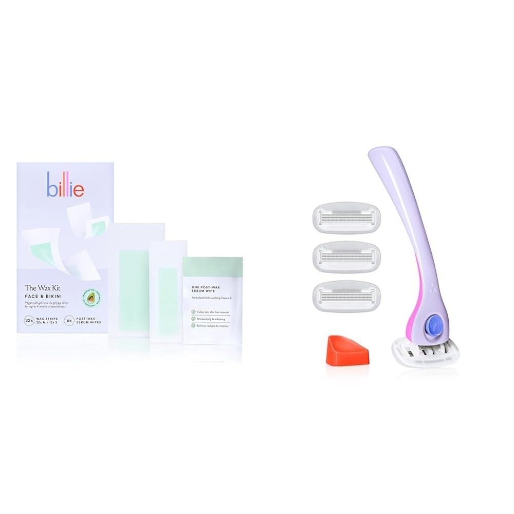 Billie Wax Kit - Face & Bikini - 32 Strips, Post-Wax Serum Wipes & Women's Shaving Essentials - 5-Blade Razors, Refills, Magnetic Holder