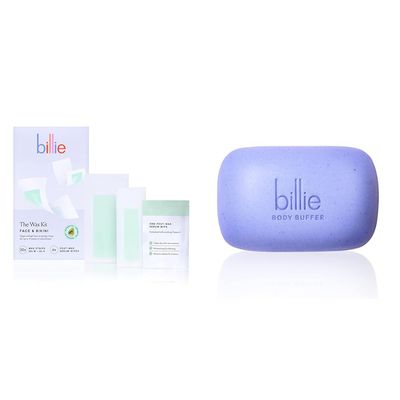 Billie Wax Kit - Face & Bikini - 32 wax strips - 6 post-wax serum wipes & Body Buffer - Pre-shave Exfoliating Bar - 3.5 oz