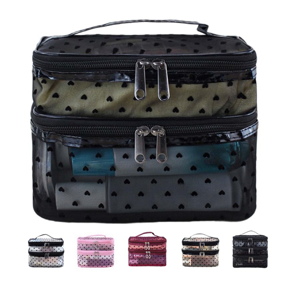 KQCQZ Cosmetic Bag Travel Makeup Bag Mesh Double Layer Large Makeup Pouch Travel Accessories Essentials Toiletry Bag for Women Makeup Travel Organizer (double-layer black)