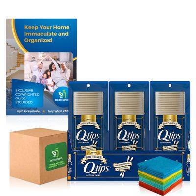 1750 ct - Q-Tip Cotton Swabs, + Microfiber Cleaning Cloths, Soft Absorbent Rag, Car,Window (12in.x12in) 1 Pack - Bundle LigthSpring Guide 5 Essential Tips for a Pristine Home - (Box May Vary)
