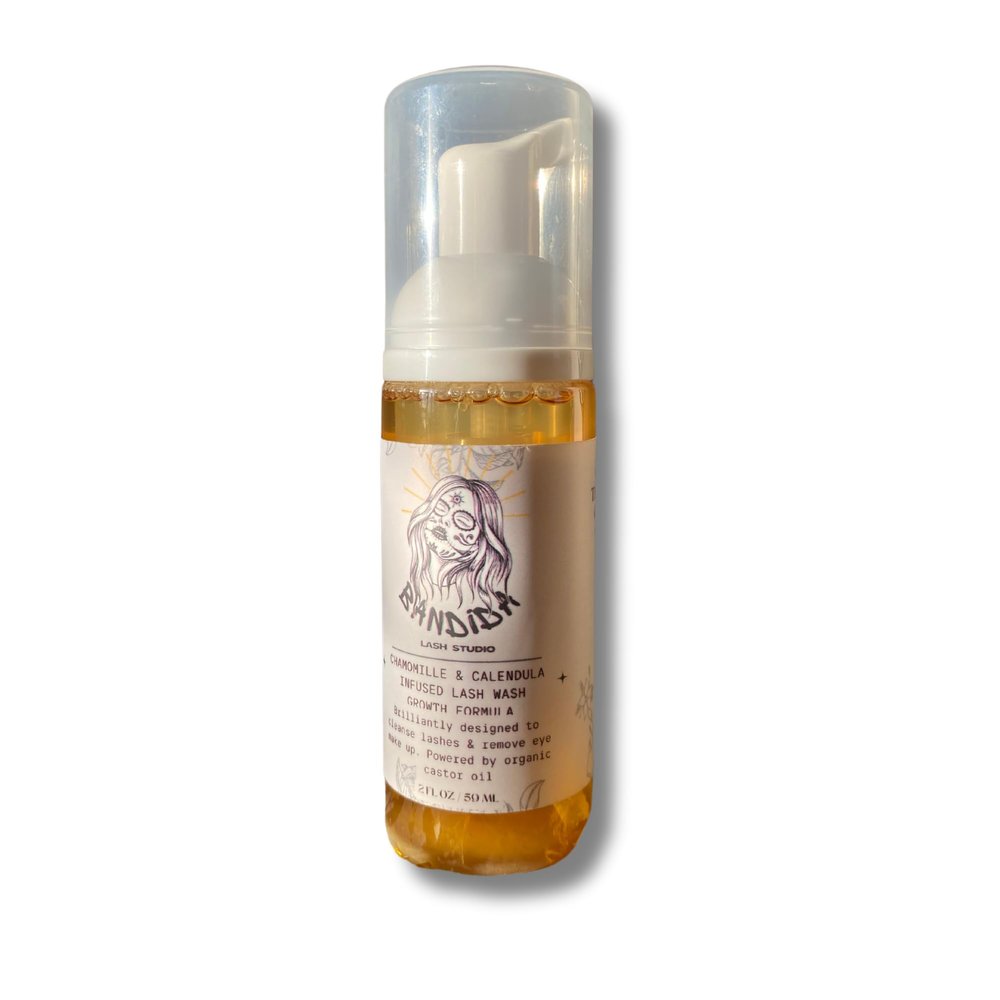 Eyelash Extension Shampoo + Brush/Foaming Lash Wash for Extensions & Natural Lashes/Safe Makeup Remover infused with Organic Chamomile & Calendula, powered by Organic Castor Oil 2oz
