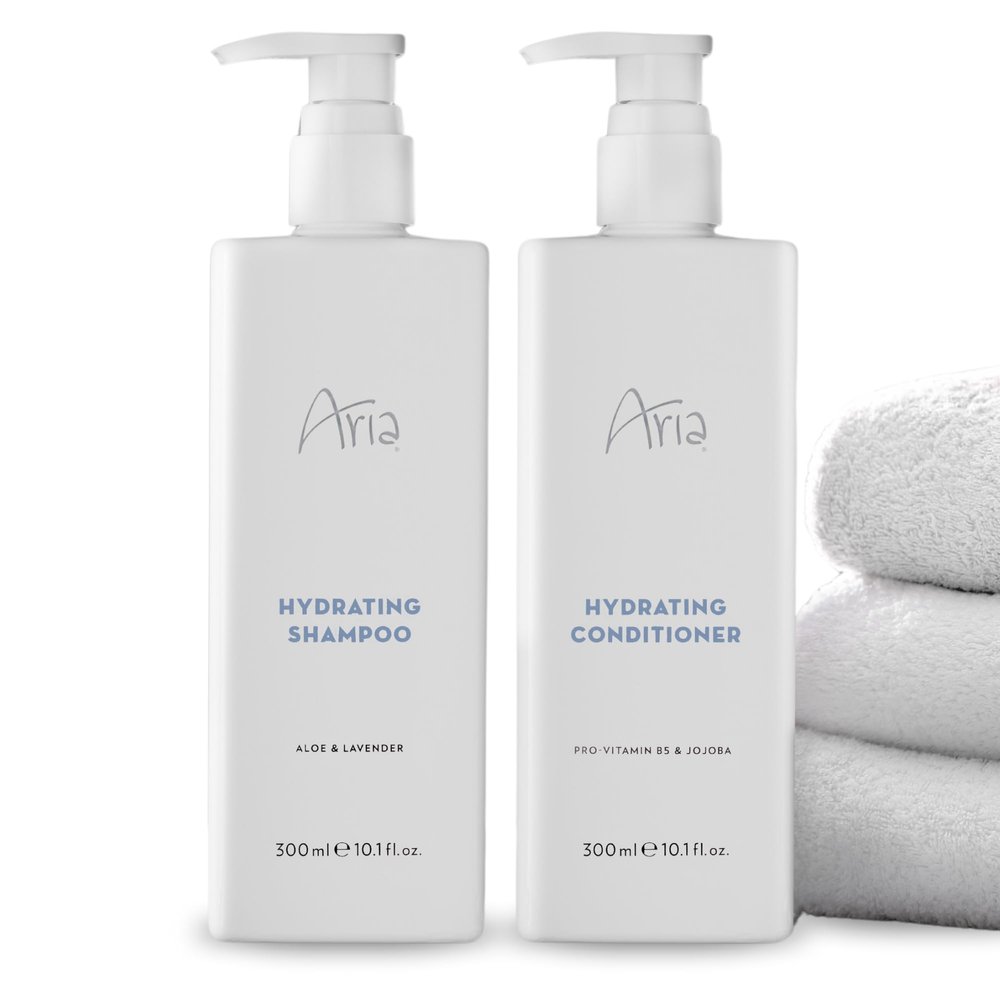 Aria Hair Care Set - Shampoo & Conditioner - Scented with Cedarwood, Green Mandarin, Lavender - Vegas Hotel Bath Amenities - 10 oz, White