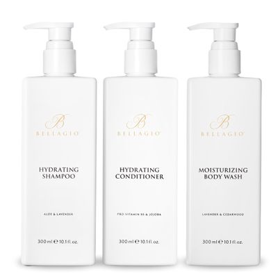 Bellagio Shower Set - Shampoo, Conditioner, Body Wash - Scented with Cedarwood, Green Mandarin, Lavender - Vegas Hotel Bath Amenities - 10 oz, White