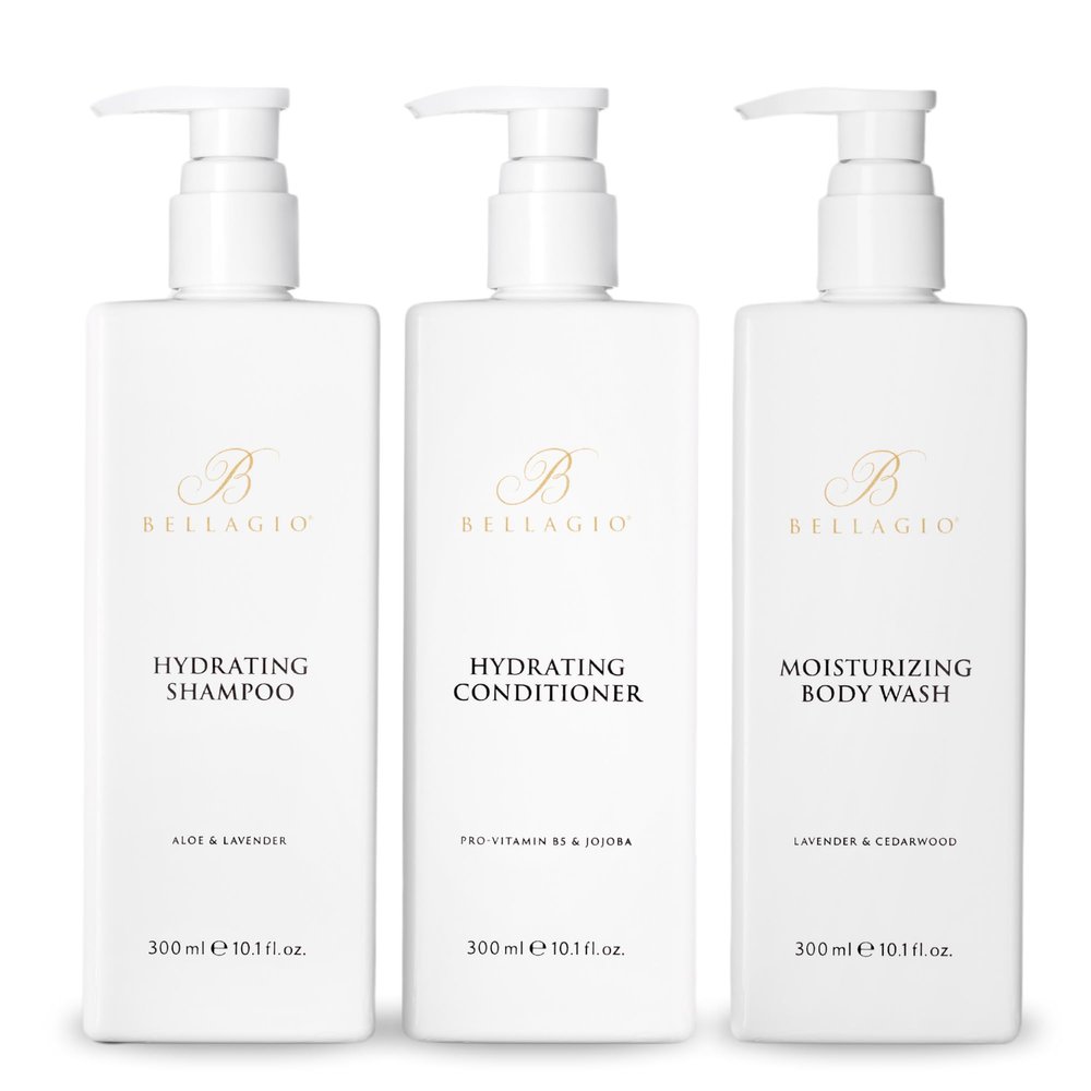 Bellagio Shower Set - Shampoo, Conditioner, Body Wash - Scented with Cedarwood, Green Mandarin, Lavender - Vegas Hotel Bath Amenities - 10 oz, White