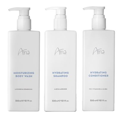 Aria Shower Set - Shampoo, Conditioner, Body Wash - Scented with Cedarwood, Green Mandarin, Lavender - Vegas Hotel Bath Amenities - 10 oz, White