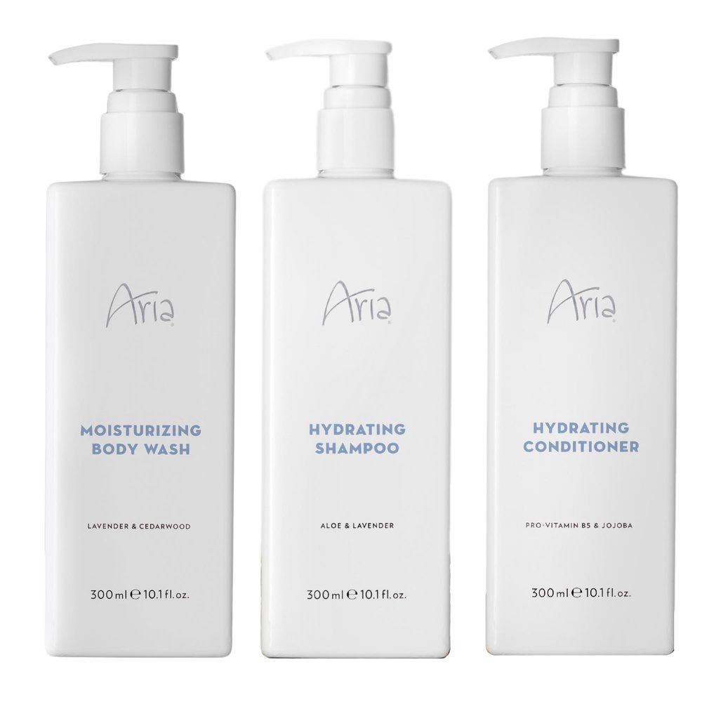 Aria Shower Set - Shampoo, Conditioner, Body Wash - Scented with Cedarwood, Green Mandarin, Lavender - Vegas Hotel Bath Amenities - 10 oz, White