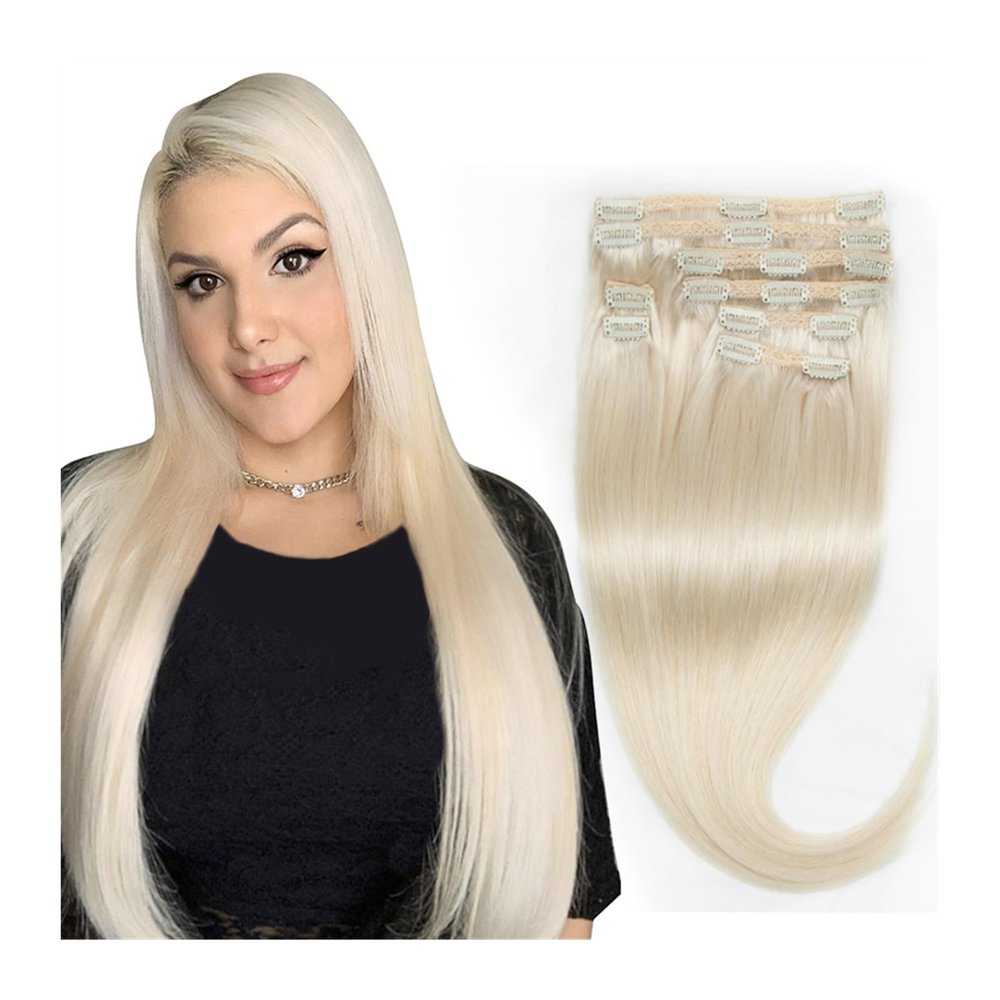 Hair Extensions Full Head Blonde Clip in Hair Extensions White Blonde Hair Extensions Clip in Human Hair Real Hair Extensions for Short Hair 12"-24" Hair Extensions Clip in ( Size : 24inch 7Pcs 140 gr