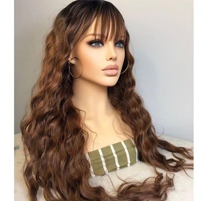 QUINLUX WIGS Loose Deep Wave Ombre Brown Highlights HD 13X4 Lace Front Human Hair Wig With Bangs for Women 150% Density Colored Brazilian Remy Hair Glueless Loose Wave Bangs Wig Bleached Knots