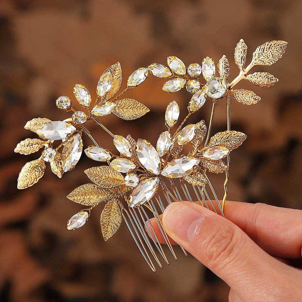 Kisshine Leaf Bride Wedding Hair Pins Gold Rhinestone Hair Piece Bridal Hair Combs Wedding Hair Accessories for Women and Girls(Pack of 3)