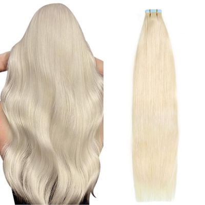 14Inch Tape In Hair Extensions Human Hair #60 Platinum Blonde Straight Rem Hair Extensions Real Human Hair Soft Thick To End 50g/Pack 20pcs Seamless PU Skin Weft