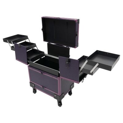 GXFCHYL Professional Makeup Train Case Rolling Cosmestic Organizer with Wheels, Keys & Mirror Large Lockable Cosmetic Trolley for Travel Makeup/Nail Art/Hair Styling (Purple)