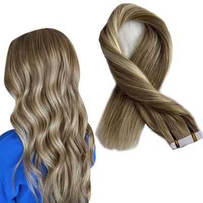 Kiss darling LASHES 20pcs 50g 26inch Straight Human Hair Extensions Tape in Balayage #8T24-8 Ombre Ash Brown to Golden Blonde Highlights Ash Brown Seamless PU Skin Weft Tape in Real Hair