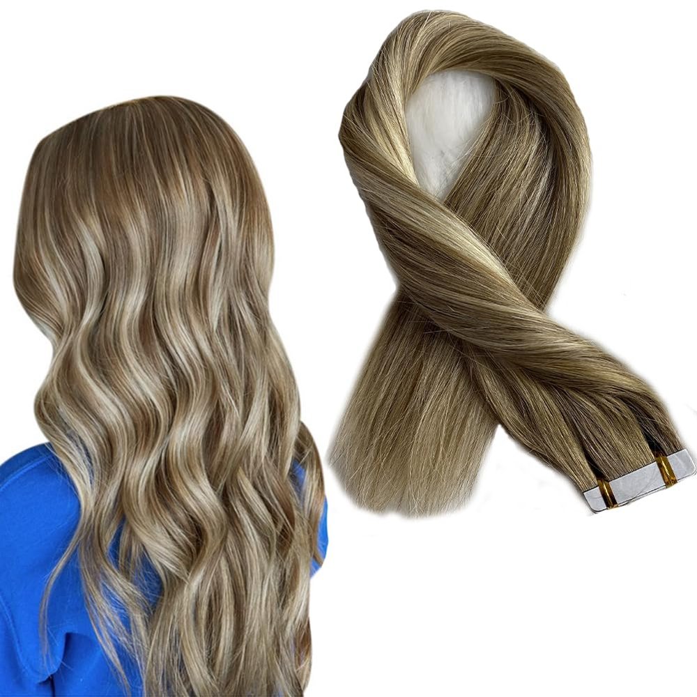 Kiss darling LASHES 20pcs 50g 26inch Straight Human Hair Extensions Tape in Balayage #8T24-8 Ombre Ash Brown to Golden Blonde Highlights Ash Brown Seamless PU Skin Weft Tape in Real Hair