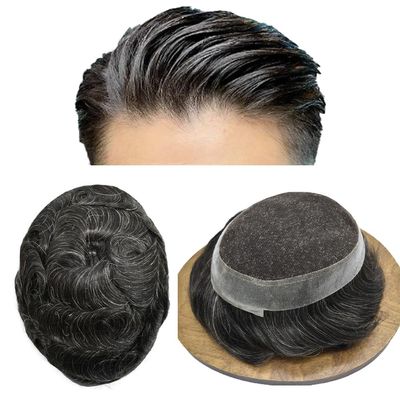 Mens Toupee Human Hair French Lace Center Poly Skin Around Hair System for Men Hair Replacement System Breathable Hairpiece Durable Toupee 7"X9"#1B20 Off Black+20% Gray-100% Density