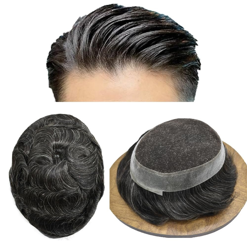 Mens Toupee Human Hair French Lace Center Poly Skin Around Hair System for Men Hair Replacement System Breathable Hairpiece Durable Toupee 7"X9"#1B20 Off Black+20% Gray-100% Density