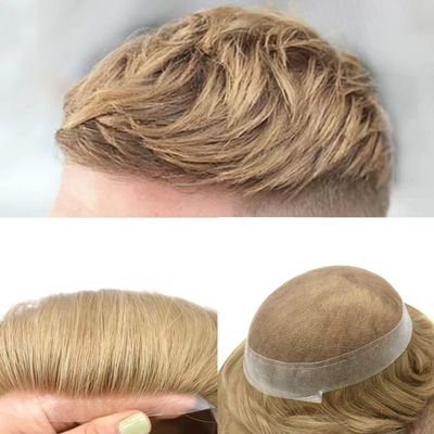 Mens Toupee Human Hair French Lace Center Poly Skin Around Hair System for Men Hair Replacement System Breathable Hairpiece Durable Toupee 8"X10"#20 Light Ash Blonde-120% Density