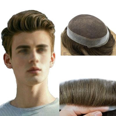 Mens Toupee Human Hair French Lace Center Poly Skin Around Hair System for Men Hair Replacement System Breathable Hairpiece Durable Toupee 8"X10"#4 Medium Brown-120% Density